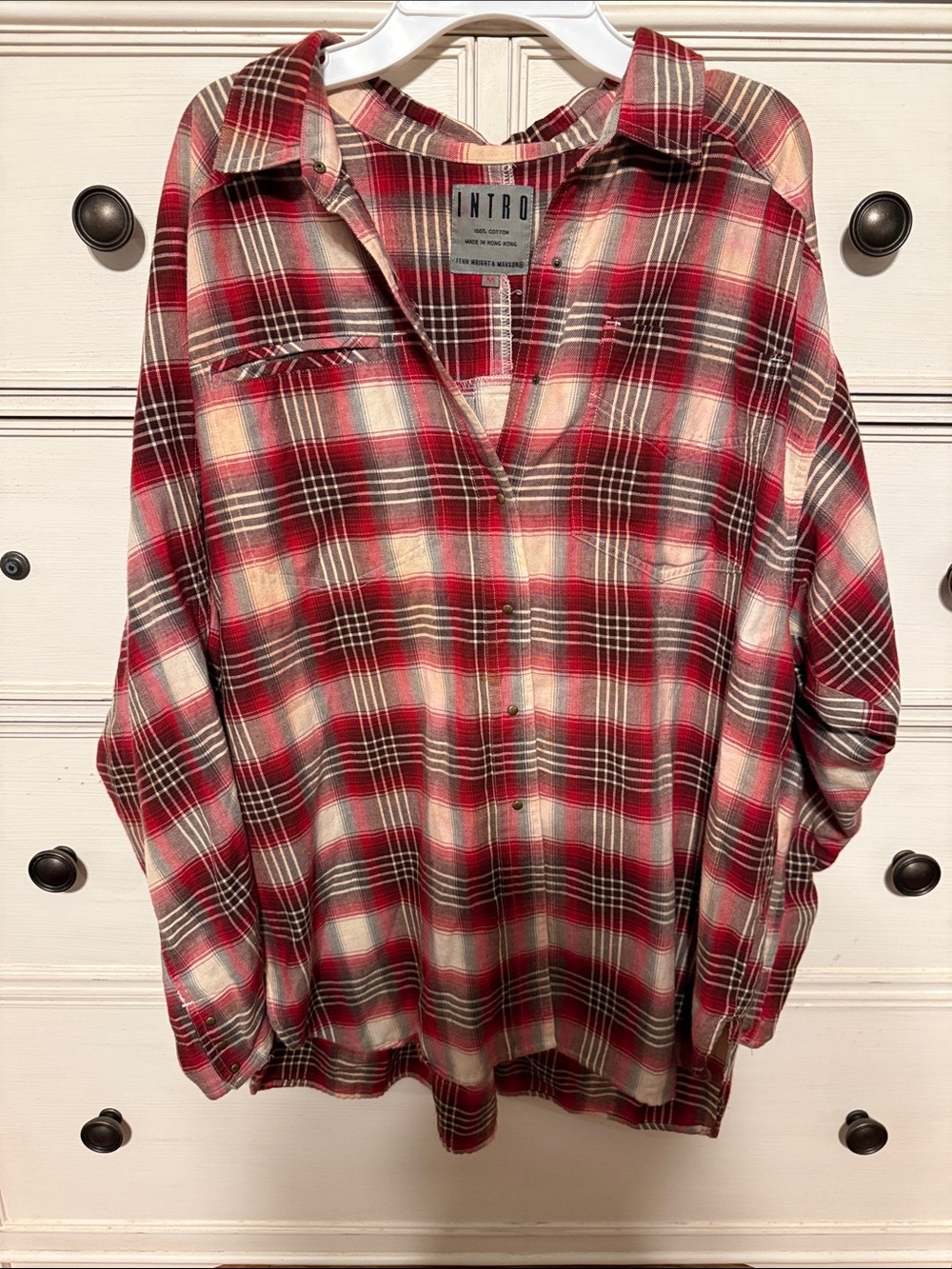 intro. Red and Cream Plaid Button-Down Shirt